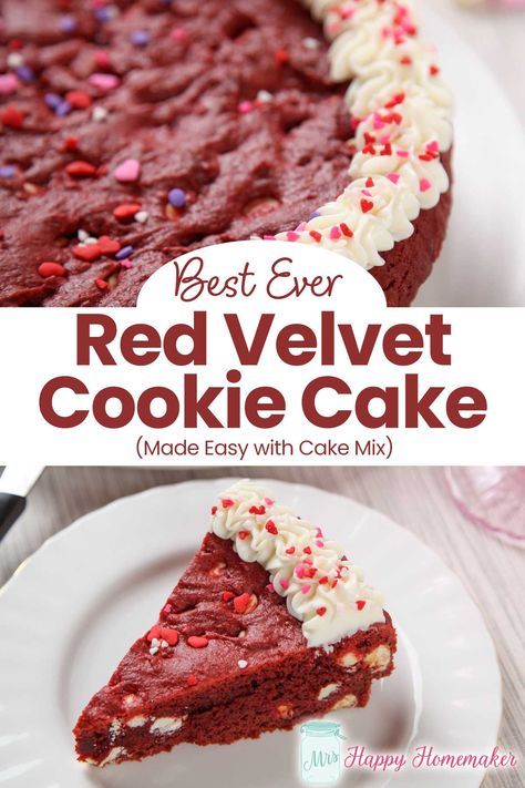 Red Velvet Cookie Cake Red Velvet Cake Mix Recipes Easy, Red Velvet Cookie Cake, Red Velvet Cake Mix Recipes, Red Velvet Cake Moist, Cookie Cake Recipe Easy, Red Velvet Cake Cookies, Red Velvet Cake Mix Cookies, Homemade Cake Mixes, Red Velvet Desserts