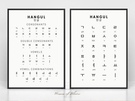 Set of 2 Hangul Chart Korean Learning Language Wall Print - Etsy Canada Korean Consonants And Vowels, Vowels Printable, Hangul Consonants, Hangul Chart, Consonants And Vowels, Double Consonants, Korean Hangul, Learn Korean Alphabet, Korean Learning