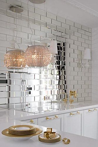 Mirrored Subway Tile, Bathroom Tile Designs, Kitchen Wall Tiles, Mirror Tiles, Trendy Kitchen, Kitchen Mirror, Counter Tops, A Mirror, Kitchen Tiles