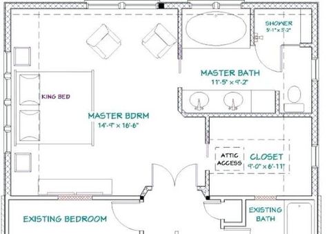 Master Bedroom & Bath Floor Plan Addition Floor Plans, Bedroom Addition Plans, Master Suite Layout, Master Suite Floor Plan, Master Bath Layout, Master Suite Addition, Bedroom Addition, Luxury Master Bathrooms, Bathroom Design Layout