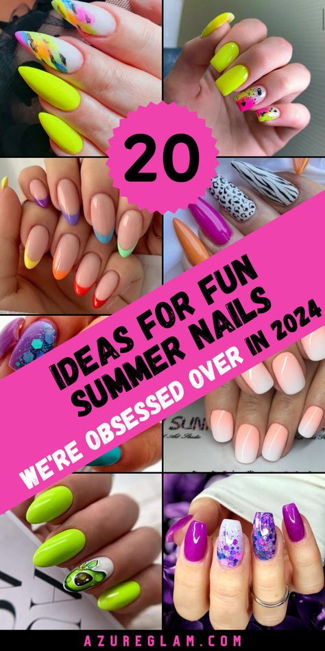 Unleash your inner diva with our show-stopping collection of fun summer nails! With 20 eye-catching designs to choose from, including bold acrylics and intricate patterns, you'll be sure to turn heads wherever you go. Whether you prefer short and sweet or long and colorful, we have the perfect nails to match your style and make a statement this summer. Let the fun begin with our vibrant nail colors and designs! Multi Color Nails Summer, Vibrant Nail Colors, Nail Polish Colors Summer, Fun Summer Nails, Summer Nail Ideas, Bright Summer Nails, Cute Spring Nails, Vibrant Nails, Creative Nail Designs