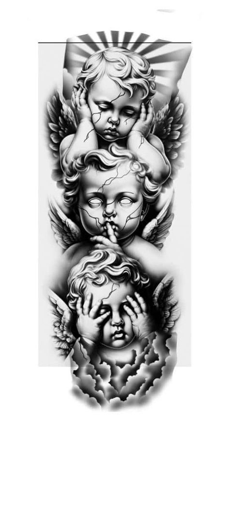 See No Evil Speak No Evil Tattoo Stencil, Villain Tattoo Ideas For Men, Three Angels Tattoo Design, Men’s Half Sleeve Tattoo Ideas, Angel Tattoos Men, Guardian Angel Tattoo Stencil, Chicano Angel Tattoo, Angel Tattoo For Men, 3 Angels Tattoo