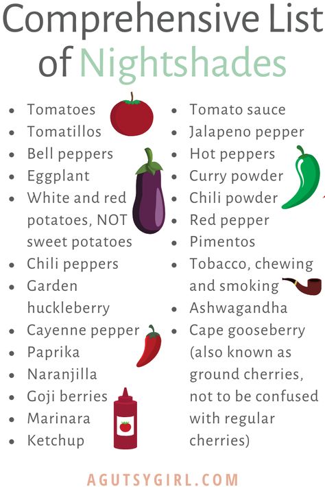 Night Shades List, Aip Diet List, Night Shades And Inflammation, Nightshades List, Autoimmune Diet Recipes, Nightshade Vegetables, Nightshade Free Recipes, Anti Inflamatory, Autoimmune Paleo Recipes