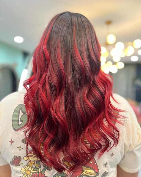 Image description: the back of a person's head, they have long curly hair that is dark red at the roots and brighter red through the ends. Red Balayage Hair, Vivid Hair, Red Balayage, Vivid Hair Color, Vibrant Hair, Pulp Riot, Balayage Hair, The Artist, Balayage