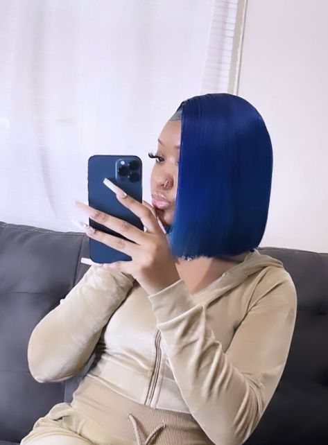 Blue Side Part Sew In Weave, Blue Quick Weave Hairstyles, Blue Bob Black Women, Colored Bob For Black Women, Colored Bob Wig, Color Bob, High Bun Hair, Ideas For Long Hair, Blue Bob