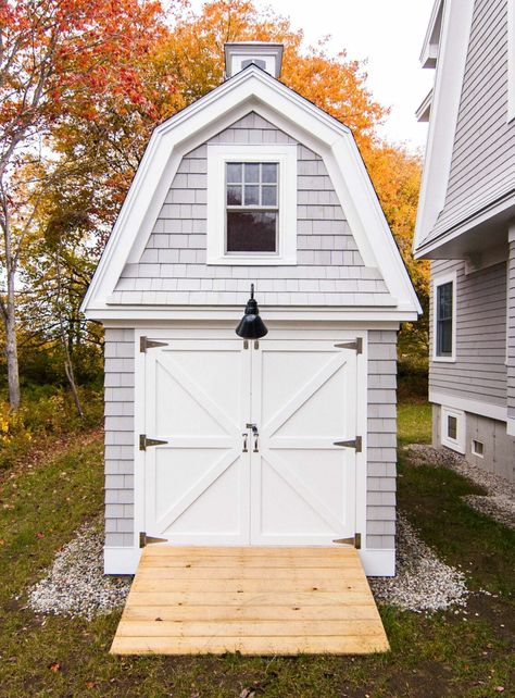 Gambrel Roof Shed, White Shed, Farmhouse Sheds, Shed Ramp, Diy Storage Shed Plans, Gambrel Style, Diy Storage Shed, Wood Shed Plans, Outdoor Renovation