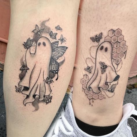 Girly Halloween Tattoo Ideas, Butterfly Ghost Tattoo, Ghost Friend Tattoos, Spooky Sister Tattoos, Best Friend Ghost Tattoo, Matching Gothic Tattoos, Ghost Couple Tattoo, Ghost Flower Tattoo, Floral Ghost Tattoo