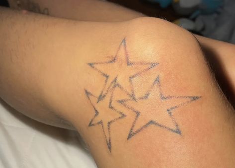 Star On Elbow Tattoo, Star Tattoo Knee, Knee Star Tattoo, Elbow Star Tattoo, Below Knee Tattoo, Stick Poke, Upper Thigh Tattoos, Elbow Tattoos, Star Tattoo