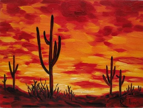 Desert Sunset Painting, Arizona Painting, Fire Sunset, Desert Artwork, Desert Landscape Art, Sunset Oil Painting, Sunset Desert, Arizona Sunset, Sunset Artwork