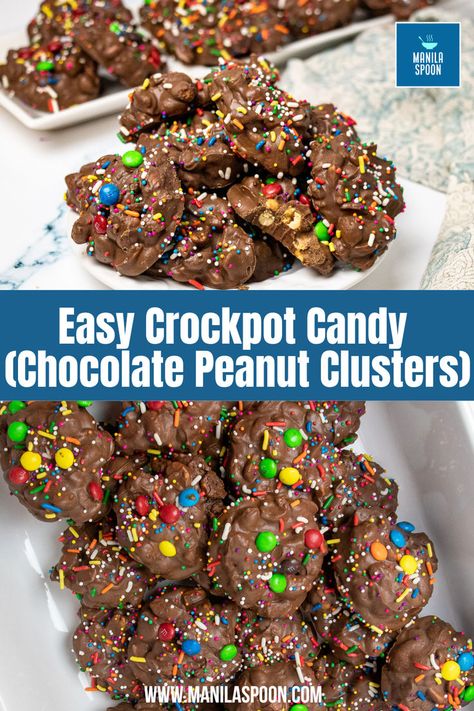 Easy Crockpot Candy (Chocolate Peanut Clusters) Crockpot Candy Peanut Clusters, Crock Pot Candy Recipes, Crock Pot Peanut Clusters, Slow Cooker Candy Recipes, Easy Crockpot Candy, Peanut Clusters In Crockpot, Oven Casserole Recipes, Crockpot Candy Recipes, Slow Cooker Candy