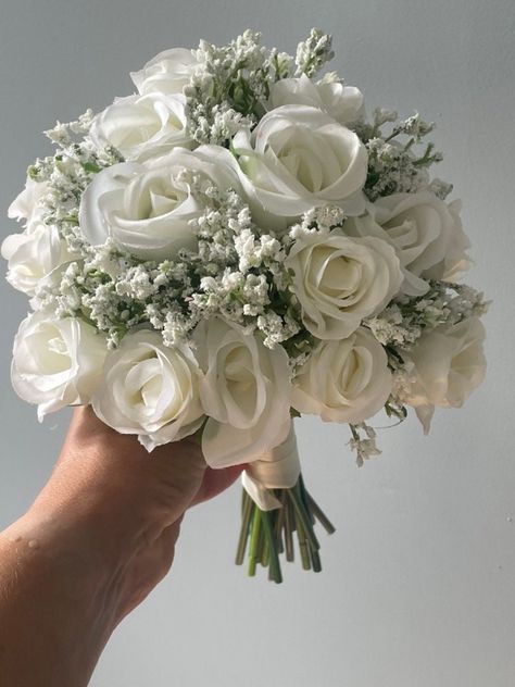 Rose And Gypsophila Bouquet, Silk Flowers For Wedding, White Rose Wedding Bouquet, Gypsophila Bouquet, Simple Wedding Bouquets, Handmade Bouquet, White Roses Wedding, Flowers For Wedding, White Wedding Theme