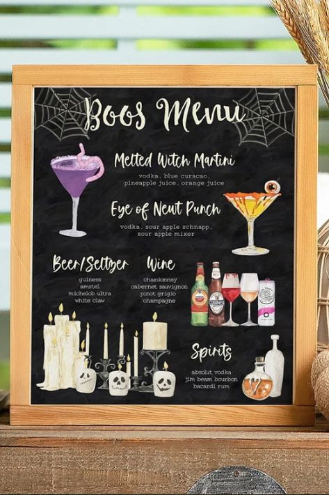 Halloween Drink Menu Ideas, Halloween Bar Menu Ideas, Stock The Bar Halloween Party, Bar Halloween Decorations, Bar Halloween Party Ideas, Halloween Party Itinerary, Halloween Decorations Bar, Halloweentown Party Ideas, Halloween Pop Up Bar