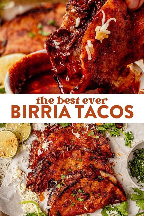 This recipe for Birria tacos shows you how to cook tender shredded Birria meat, fry the taco shells in a Mexican broth (consomé), and assemble it all into delicious tacos with fresh toppings. You've probably seed Birria Tacos on social media because they went viral on TIkTok in the last couple of years. And for good reason! The tender beef, flavorful sauce and gooey cheese make these quesabirria tacos look just as good as they taste! Sous Vide Birria Tacos, Birria Tacos Ingredients, Beria Tacos Recipes, Quick Birria Recipe, Barrias Taco, Birria Tacos Dutch Oven, Bri Tacos, Birra Tacos Recipe Authentic, Beef Barilla Tacos