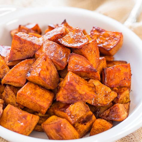 Some people would call this a side dish. I call it a meal. And one of my favorites. You can’t go wrong with warm sweet potatoes that are soft and tender in the middle and lightly crisped and caramelized on the outside. I roasted them with a marinade of honey, coconut oil, and cinnamon. It’s a … Honey Roasted Sweet Potatoes, Winter Vegetables Recipes, Averie Cooks, Bacon And Egg Casserole, Egg Casserole Recipes, Cinnamon Recipes, Winter Vegetables, Honey Roasted, Side Recipes