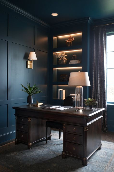 15 Moody Home-Office Ideas to Elevate Your Workspace - My Decor Inspo Blue And Gold Office Ideas, Dark Blue Office Walls, Dark Office Ideas, Navy Blue Home Office, Navy Home Office, Old Farmhouse Exterior, Dark Blue Office, Small Rustic Bathroom Ideas, Simple Wooden Desks