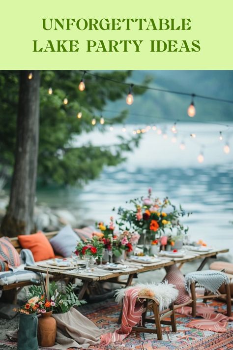 Explore unforgettable lake party ideas that include fun activities and delicious snacks for a perfect summer gathering by the water. Lake Engagement Party, Lake Party Ideas, Birthday At The Lake, Summer Lake Party, House Party Themes, Lake House Party, Toddler Room Ideas Girl, Inflatable Games, Lake Party