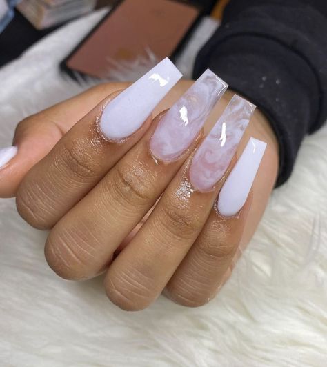 White With Marble Nails, Soft White Long Nails, White Marble Nails With Rhinestones, Marble Full Set Nails, Birthday Marble Nails, Baddie Marble Nails, White Acrylic Nails Medium Length Design, Grey And White Marble Nails, White And Clear Marble Nails