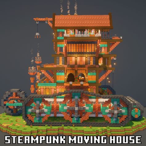 Minecraft Steampunk Moving House Tutorial Minecraft Steampunk Builds, World Painter, Minecraft Base, Minecraft Steampunk, House Tutorial, Steampunk House, Minecraft Tutorial, Minecraft Building, Minecraft Projects