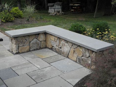 Bench Design Outdoor, Blue Stone Patio, Stone Seating, Seating Wall, Seat Wall, Bluestone Patio, Stone Patio, Outdoor Stone, Stone Bench