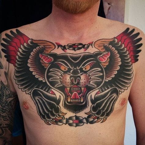 Traditional Skull Chest Tattoo, Traditional Wolf Chest Tattoo, Old School Chest Tattoo Men, Tattoo Dada, Traditional Chest Piece, American Traditional Chest Tattoo, Panther Tattoo Meaning, Traditional Back Tattoo, Old School Tattoo Sleeve