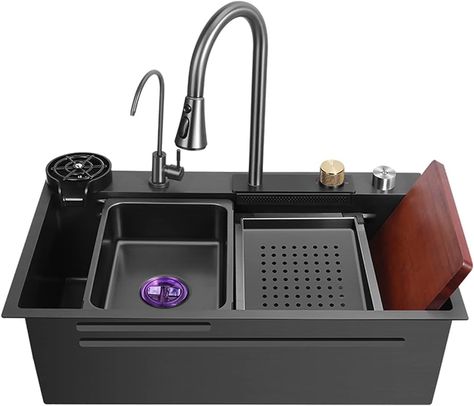 Kitchen Sink,New Stainless Steel Waterfall Sink,Drop In Single Bowl Workstation Sink,With Cup Washer Sinks (Color : Black, Size : 75x46cm) : Amazon.co.uk: DIY & Tools Best Workstation Kitchen Sinks, Waterfall Sink Kitchen, Sink Accessories Kitchen, Waterfall Kitchen Sink, Smart Sink, Black Sink Kitchen, Kitchen Sink Sizes, Waterfall Sink, Black Stainless Steel Kitchen