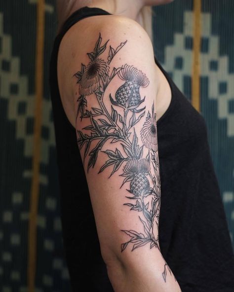 Thistle Tattoo Black, Thistle Flower Tattoo, Blackberry Tattoo, Scottish Thistle Tattoo, Watermelon Tattoo, Antler Tattoo, Scottish Tattoos, Thistle Tattoo, Chicken Tattoo