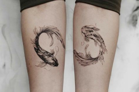 Detailed Matching Tattoos, Koi Fish Tattoos, Twin Tattoos, Couple Tattoos Unique, Sibling Tattoos, Couple Tattoo, Koi Tattoo, Koi Fish Tattoo, Bff Tattoos