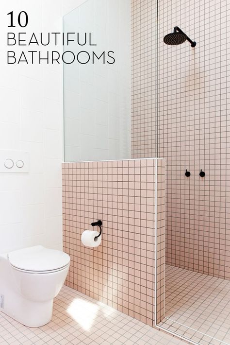 (via Design Milk) Alright friends, lets be honest. A good bathroom, with the perfect amount of sink space and a deep bathtub, is one the best aspects about traveling and… Gorgeous Apartment, Coloured Grout, Bad Inspiration, Pink Tiles, Pink Bathroom, Minimalist Bathroom, House Bathroom, Shower Design, Shower Room