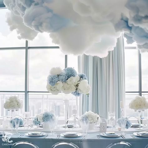 35 Dreamy Ideas for a 'She's on Cloud Nine' Bridal Shower | Cardmint Clouds Wedding Decor, Cloud Flower Centerpiece, Cloud Theme Party Ideas, On Cloud Nine Wedding Theme, Cloud Nine Table Decor, On Cloud 9 Decorations, Shes On Cloud 9 Bridal Shower Theme, Cloud Themed Food, Cloud Nine Baby Shower Cake