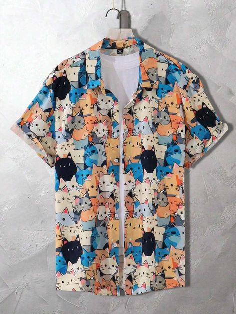 Manfinity Hypemode Men's Plus Size Cartoon Cat Printed Casual Short Sleeve Shirt For Summer , Button Up Graphic Colorful Khaki Going Out Cute | SHEIN USA Plus Size Cartoon, Men Plus Size, Animal Cartoon, Fabric Animals, Plus Size Kleidung, Mens Plus Size, Cartoon Cat, Cat Print, Plus Size Shirts