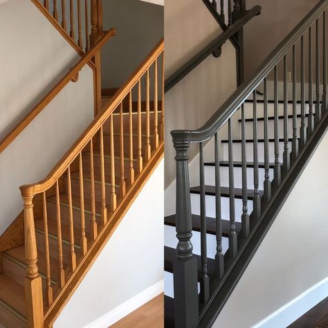 Stair Railing Makeover, Stairs Renovation, Painted Staircases, Stair Banister, Staircase Runner, Stair Makeover, Diy Staircase, Iron Staircase, Stairs Makeover