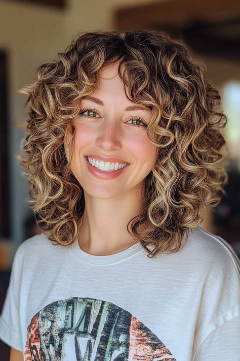 Woman with curly hair and curtain bangs, showcasing a voluminous and playful hairstyle. Curly Medium Hair With Curtain Bangs, Short Curtain Bangs Medium Hair Curly, Shoulder Length Curly Hair Curtain Bangs, Brown Hair With Beige Highlights, Face Frame Hair Color, Styling Curtain Bangs With Curly Hair, Layered Medium Hair With Curtain Bangs, Curly Hairstyles Bangs Natural Curls, Short Curly Hair With Glasses