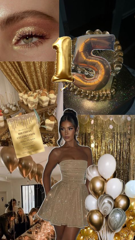 Gold Theme Birthday, 18th Party Ideas, 15th Birthday Party Ideas, Golden Birthday Parties, Sweet Sixteen Birthday Party Ideas, Birthday Goals, 21st Party, Sixteenth Birthday, Gold Birthday Party