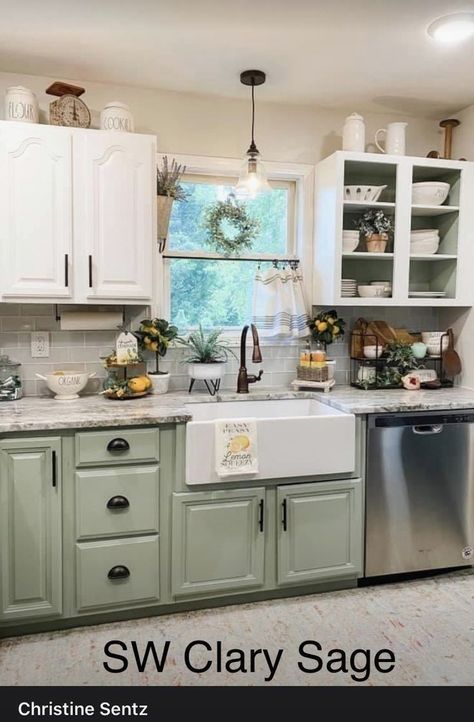 Green Kitchen Cabinets Mobile Home, Farmhouse Cabinet Colors Kitchen, Small Condo Yard Ideas, Kitchen With Less Cabinets, Sage Green Cabnits Kitchen, Kitchen Colors Schemes Farmhouse, Sage Green Kitchen Ideas Farmhouse, Kitchen Colors Schemes For Small Kitchen, Green Kitchen Cabinets Tan Walls