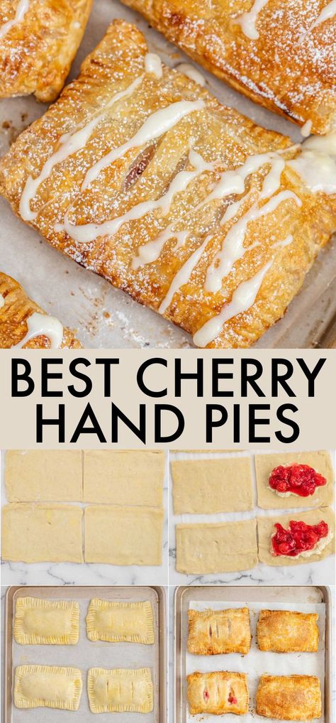 Hand Pies Recipes Puff Pastry, Cherry Pie Pastry, Fried Cherry Hand Pies, Baked Cherry Hand Pies, Easy Dessert Recipes Using Puff Pastry, Cherry Cheesecake Turnovers, Cherry Hand Pies Puff Pastry, Puff Pastry Hand Pies Desserts, Cherry Cheesecake Hand Pies