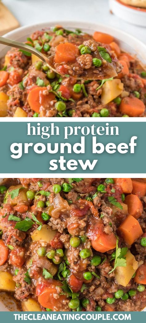 High Protein Ground Beef Stew Recipe! This easy ground beef stew can be made in the instant pot, crockpot, or on the stove top for dinner. It's paleo, Whole30, gluten free, dairy free and absolutely delicious! Ground Beef And Beef Broth Recipes, Gluten Free Ground Beef Recipes For Dinner, Beef Recipes For Diabetics, Ground Beef Recipes High Protein, High Protein Stew, Crock Pot Recipes With Ground Beef, Ground Beef Crockpot Recipes Healthy, Instant Pot Stew Recipes, Crockpot Recipes High Protein