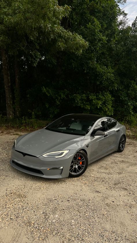 Tesla model s plaid grey wrap Gray Tesla Model 3, Grey Tesla Aesthetic, Model S Plaid Tesla, Tesla Model S Wrap, Tesla Model S Plaid Wallpaper, Nardo Grey Cars, Tesla Wrapped, Tesla S Plaid, Wrapped Tesla