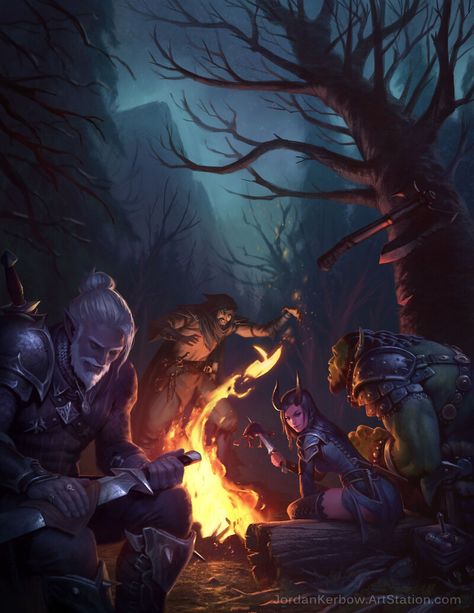 ArtStation - Campfire Tales, Jordan Kerbow T Shirt 3d, Peaceful Night, Dnd Art, Camping Art, High Fantasy, Fantasy Rpg, Creature Concept, Fantasy Inspiration, Environment Concept Art