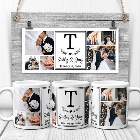 Wedding Photo Collage Monogram Valentine's Day Gift Mug Wedding Photo Collage, Personalized Photo Mugs, Sister Wedding Gift, Sublimacion Ideas, Photo Collage Gift, Custom Photo Mugs, Wedding Mugs, Sublimation Mugs, Ideal Wedding