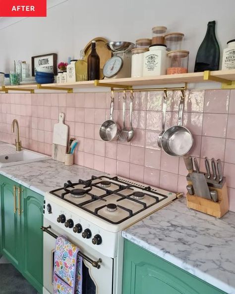 Before & After: Green Cabinets Bring Drama to This Kitchen | The Kitchn Pink Tiles Kitchen, Pink And Green Kitchen, Ikea Units, Pink Tile, Kitchen Cost, Upper Kitchen Cabinets, Pink Tiles, Eclectic Bedroom, Green Cabinets