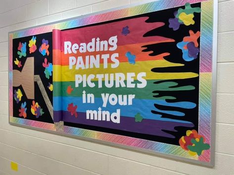 Read The Rainbow Bulletin Board, Reading Rainbow Bulletin Board, Color Our World Summer Reading 2025, New Book Display Ideas Library, Library Board Decoration, Elementary Library Bulletin Board Ideas, Rainbow Reading Corner, School Library Book Displays, 2025 Art