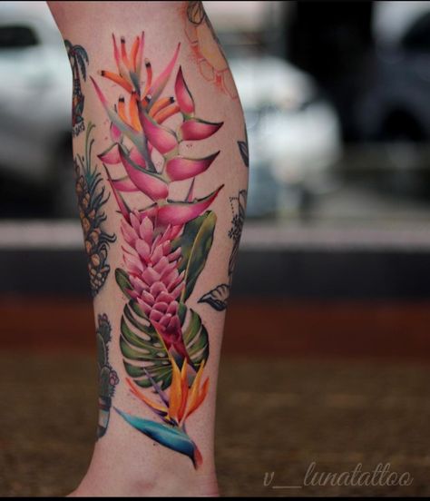 Ginger Tattoo, Tropical Flower Tattoos, Luna Tattoo, Heliconia Flower, Bird Of Paradise, Monstera Leaf, Birds Of Paradise, Life Tattoos, Tropical Flowers