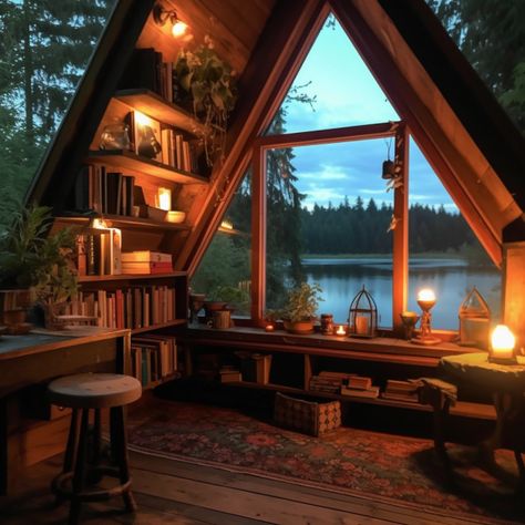 For those who enjoy getting out in nature but prefer the comfort of a bed over a tent, this subreddit is for you. It has 763K members and they are on a mission to put together an archive of as many awesome cabins as they can. A Frame Reading Nook, Black A Frame Interior, A Frame House Storage Ideas, A Frame Library Room, A Frame Built Ins, A Frame House Aesthetic, A Frame Cabin Aesthetic, Cabin Library Aesthetic, A Frame House Decor