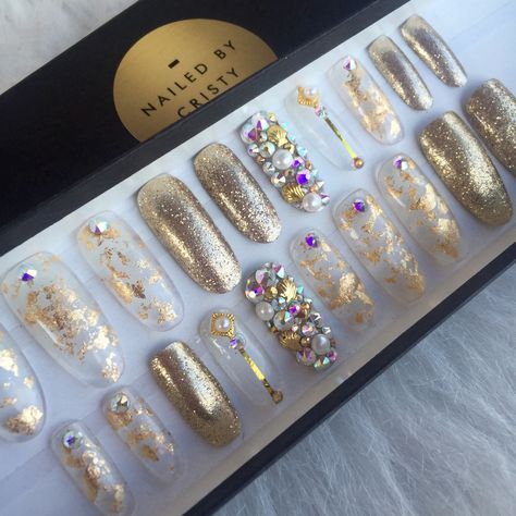 Gold Foil Glitter Swarovski Press On Nails | Mermaid Bling Nails | Fake False Glue On Nails | Any Shape by NailedByCristy on Etsy https://www.etsy.com/listing/398130823/gold-foil-glitter-swarovski-press-on Pearl Nails With Gold, Nails With Gold Flakes, Ongles Bling Bling, Nails With Gold, Pearl Nails, I Love Nails, Fabulous Nails, Gold Flakes, Bling Nails