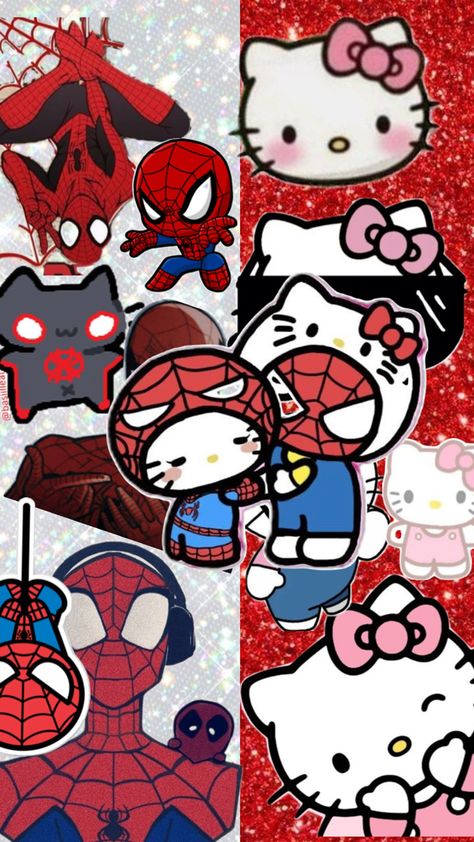 They love each other Hello Kitty And Spiderman, Spiderman Wall Art, Hello Kitty Halloween Wallpaper, Really Cool Wallpapers, Hello Kitty Wallpaper Hd, Kaws Wallpaper, Pink Wallpaper Hello Kitty, Hello Kitty Videos, Spiderman Theme