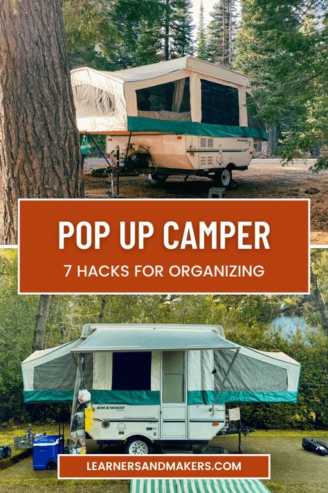 7+ pop up camper hacks [USED RV TIPS] · Learners and Makers Pop Up Glamping, Tent Camper Remodel, Travel Camper Ideas, Outdoor Trailer Ideas, Pop Up Camper Camping, Pop Camper Hacks, Pop Up Camper Kitchen Storage, Pop Up Trailer Organization, Pop Up Hacks