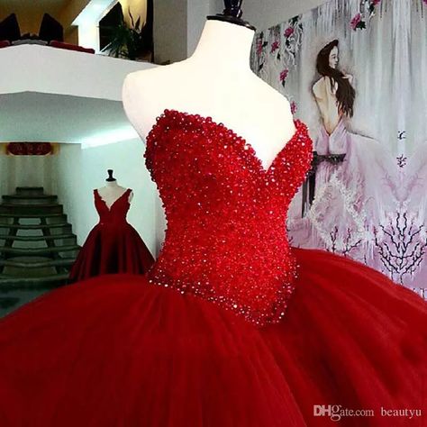 Gorgeous Red Ball Gown Quinceanera Dresses 2017 Luxurious Beaded Crystals Tulle Vestidos De 15 Anos Burgundy Princess Sweet 16 Dress Chiffon Dresses Elegant Dresses From Beautyu, $196.69| Dhgate.Com Princess Wedding Dresses Ball Gown Cinderella, Arabian Prom Dress, Burgundy Wedding Dresses, Burgundy Wedding Dress, Red Ball Gown, Red Quinceanera Dresses, Wedding Dresses Princess Ballgown, Prom Girl Dresses, 파티 드레스