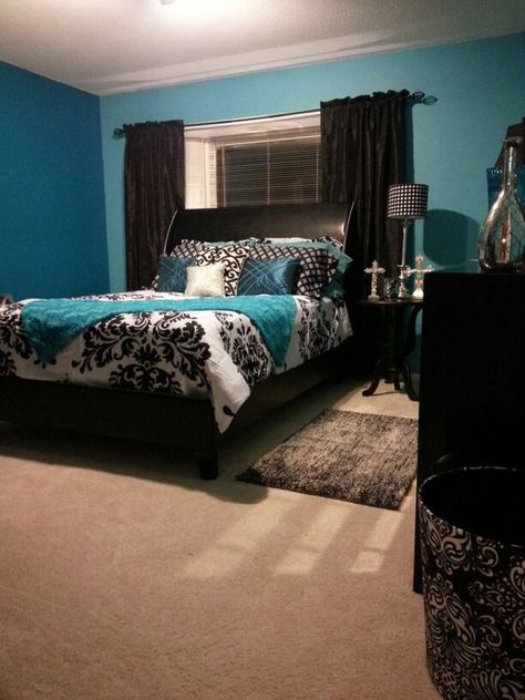 blue black bedroom Blue Black Bedroom, Blue Bedroom Paint, Feminine Bedroom Decor, Black And Grey Bedroom, Bedroom Turquoise, Teal Bedroom, Bed Stand, Feminine Bedroom, Bedroom Decorating Ideas