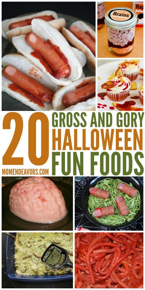 20 + Totally Gross & Gory Halloween Fun Food Ideas! Gross Halloween Desserts, Gross Halloween Foods, Halloween Potluck, Creepy Food, Creepy Halloween Food, Scary Food, Cute Halloween Treats, Halloween Themed Food, Halloween Food Appetizers