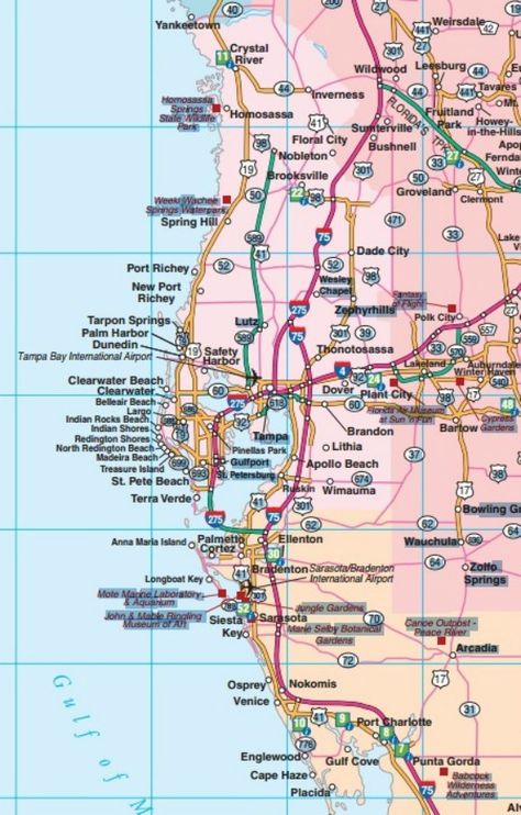 Central West Florida road map showing main towns, cities and highways. Map Of Florida Beaches, Map Of Florida Cities, Florida Gulf Coast Beaches, Florida State Map, Siesta Key Florida, Florida Destinations, Map Of Florida, Gulf Coast Florida, Visit Florida